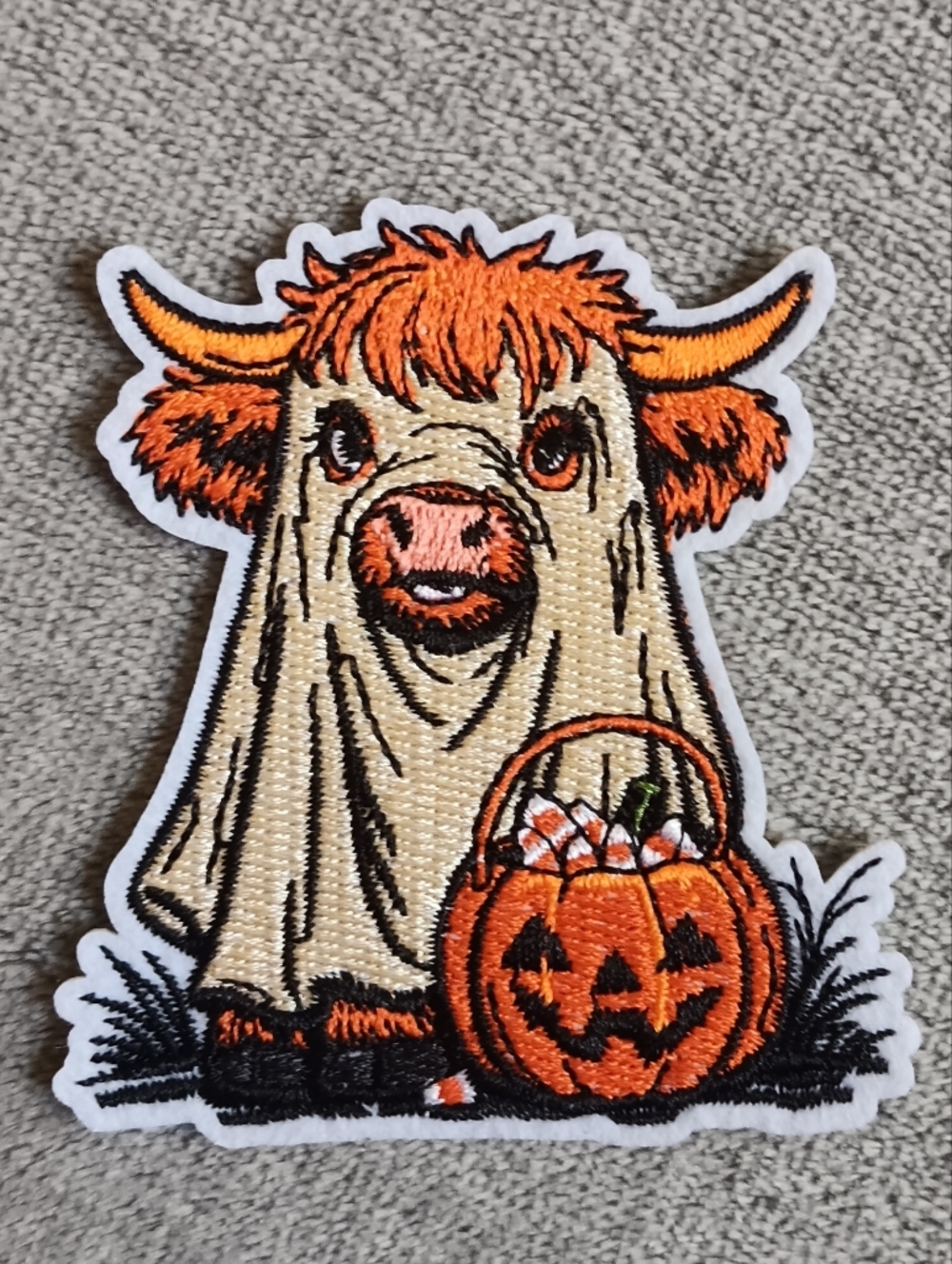 Sheet Ghostie Cow Halloween Calf Iron On Patch Pumpkin & Candy, Western Applique